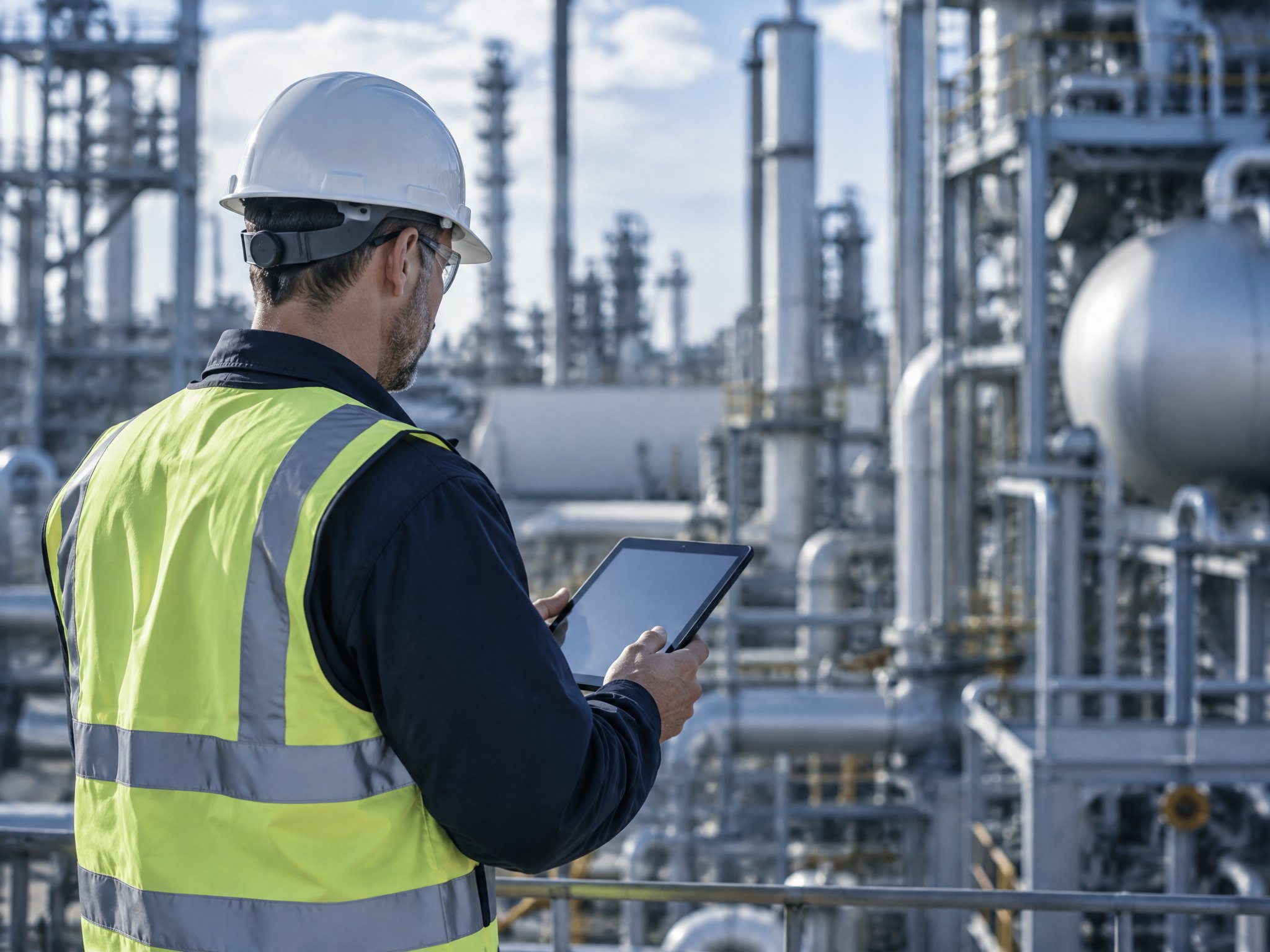 Ingeniero de seguridad con casco revisando una tablet en planta industrial