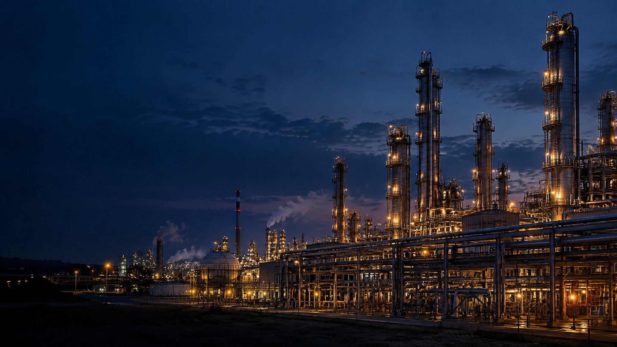 Refinería iluminada a la hora azul con torres de destilación